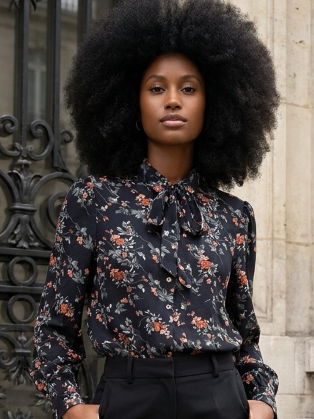 Parisian Navy Floral Chiffon Collared Button-Up Tie Neck Long Sleeve Blouse 8